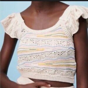 Zara Cream Knit Crop Top with Pastel Stripes